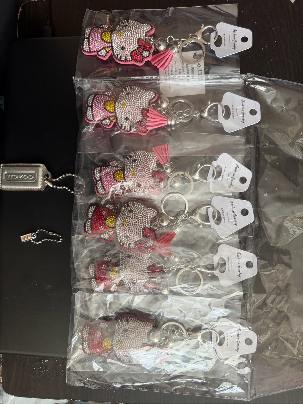 6 Hello Kitty Pink Bling Rhinestones Keychain Charm - Keychain w/ 2 Coach Tags
